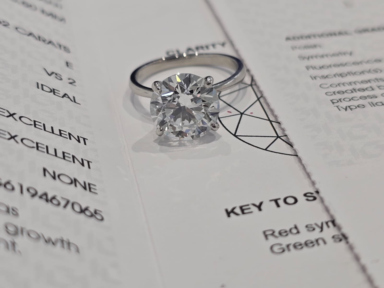 Round brilliant solitaire diamond ring resting on its gemmological certificate